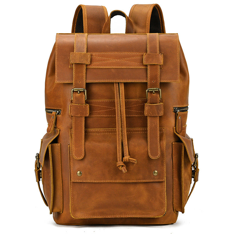 Retro Crazy Horse Leather Backpack – Large Capacity 16-Inch Cowhide Laptop & Travel Bag with Multi-Flap Pockets