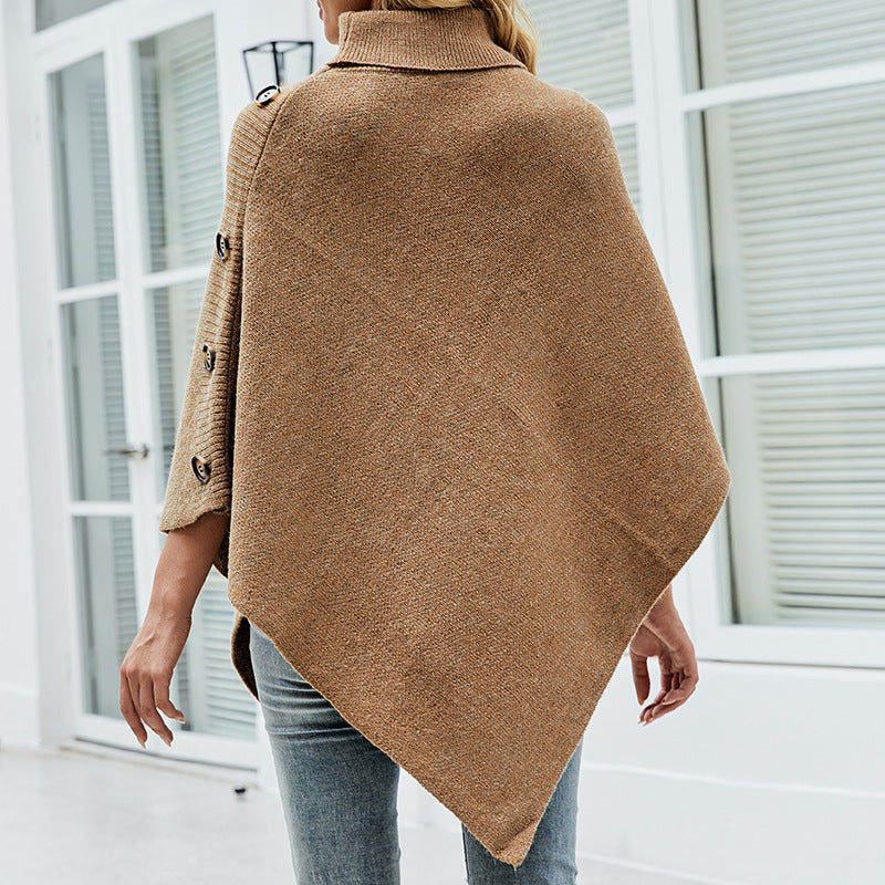 High-Neck Cape Sweater – Solid Color Knit Poncho Cross-Border Pullover