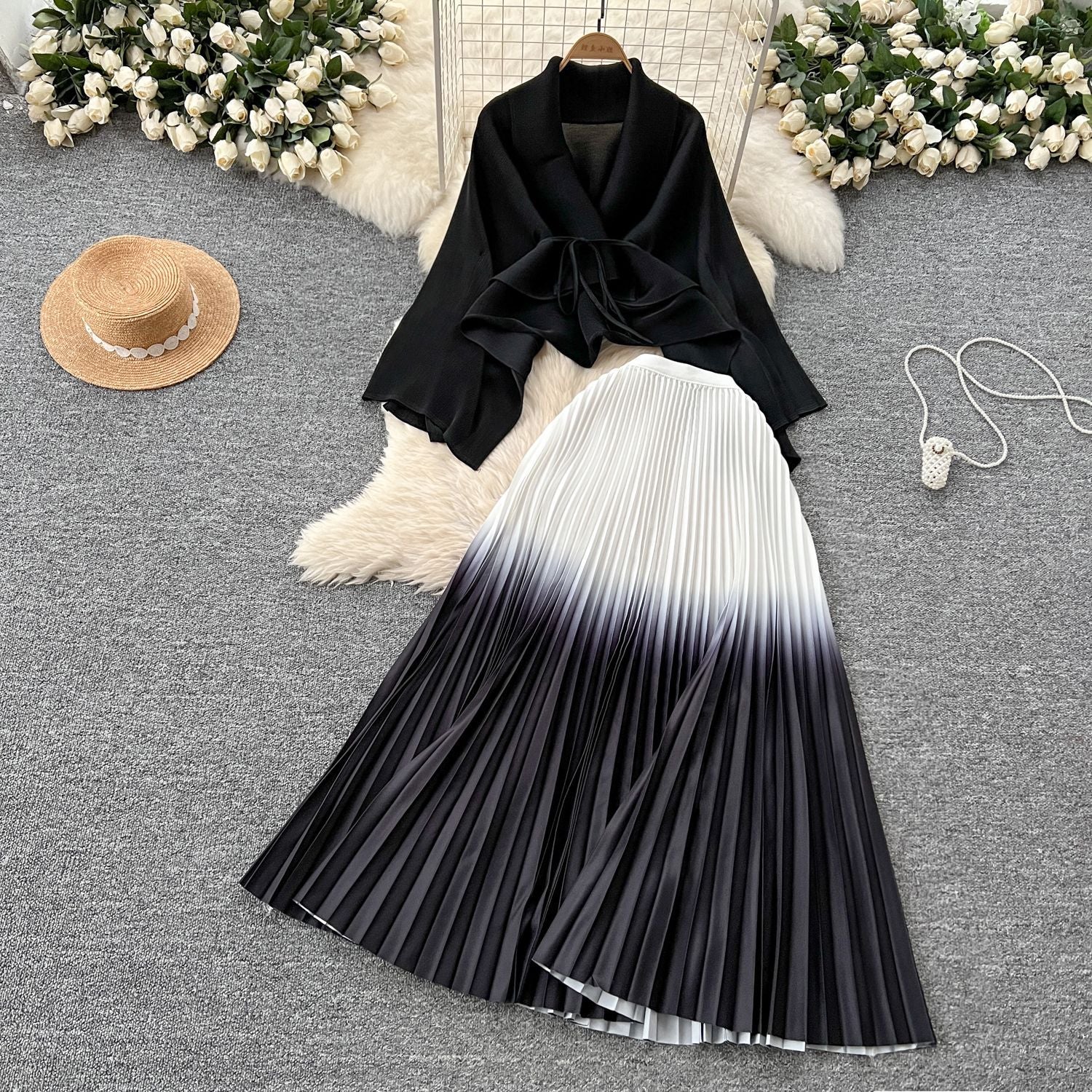Women's Gradient Color Set - Loose Tie-Waist Pleated Top + High-Waisted Pleated Skirt