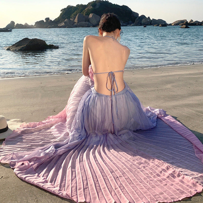 Bohemian Gradient Pink Purple Ruffle Backless Maxi Dress