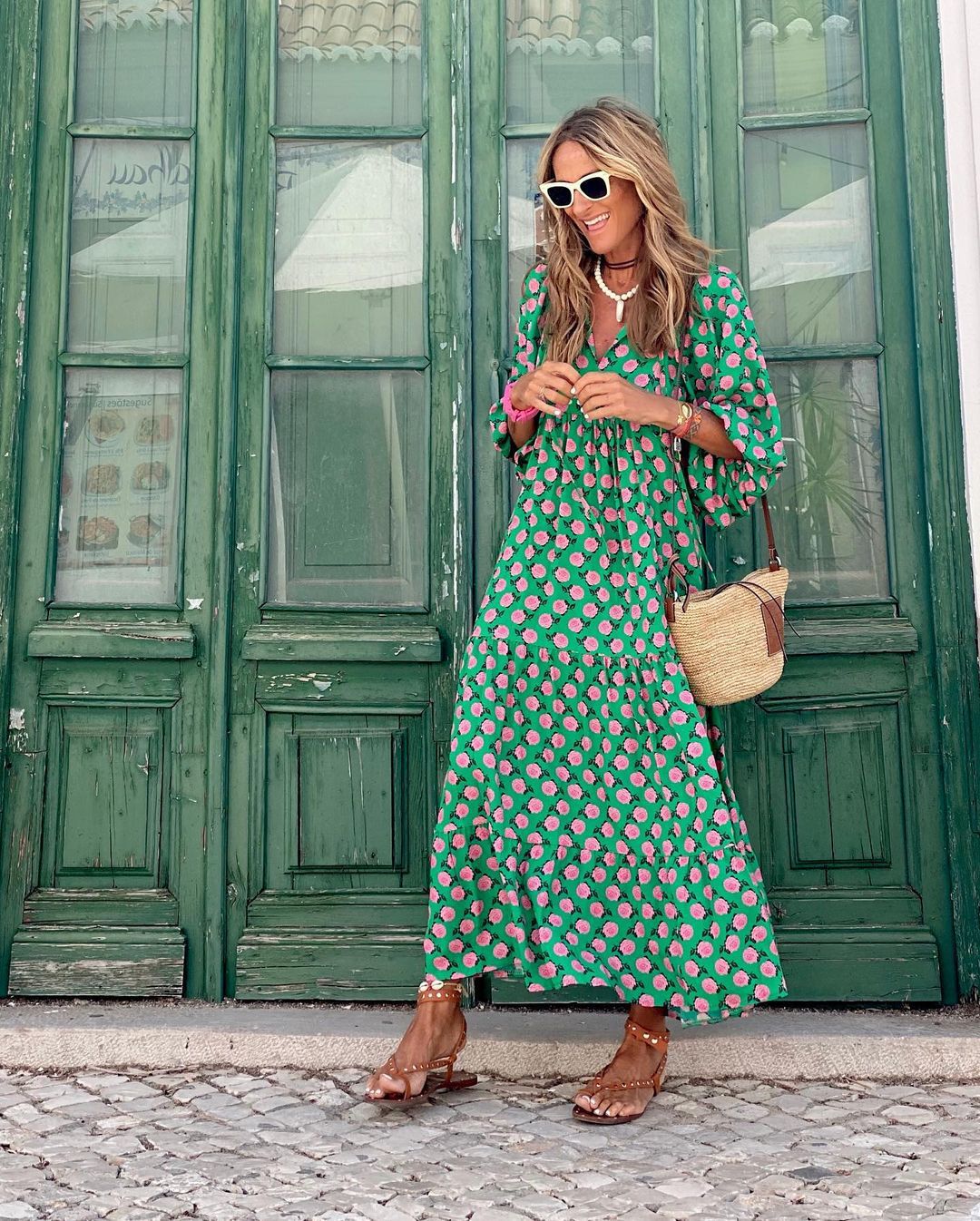 Plus Size Boho Print Dress with Puff Sleeves