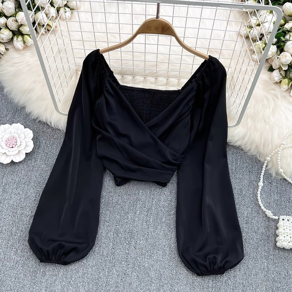 V-Neck Ruffle Bubble Sleeve Cropped Top