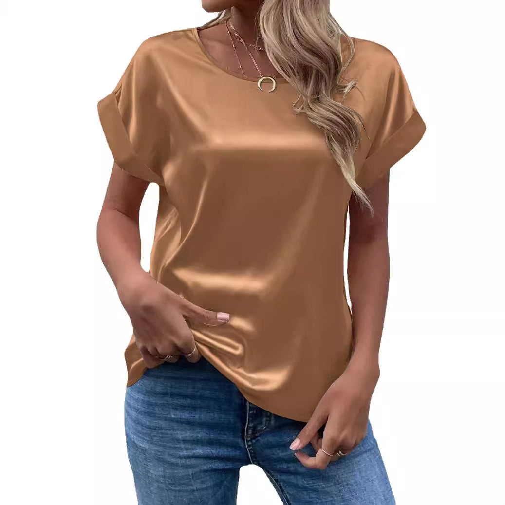 Women's Satin Round-Neck Straight Fit T-Shirt