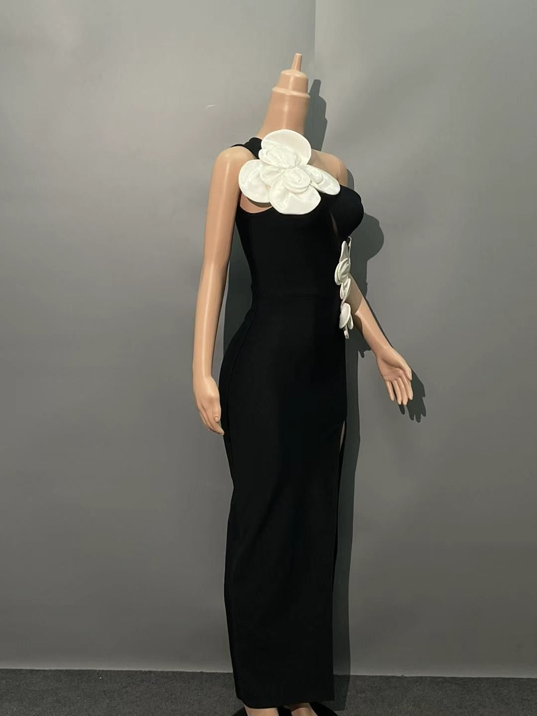 Elegant Off-Shoulder Bandage Dress with 3D Floral Details