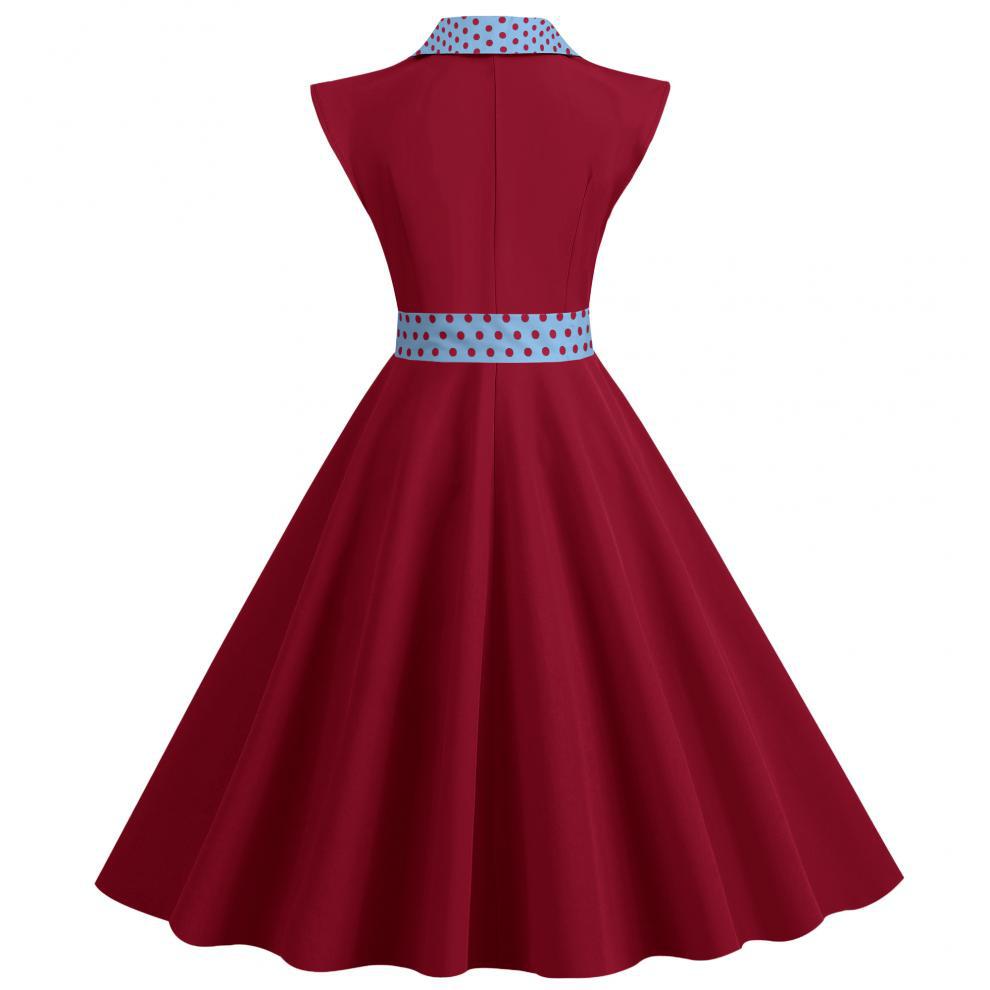 Elegant V-Neck Polka Dot & Solid Color A-Line Dress with Belt for Women