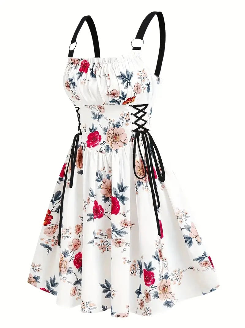legant Floral Print O-Ring Strap Slimming Party Dress
