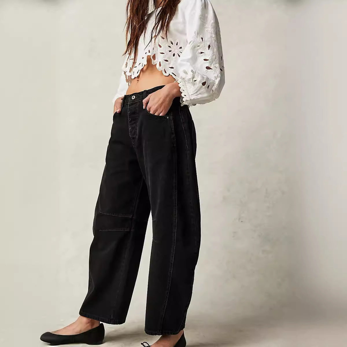 High-Waist Loose Fit Draped Wide Leg Jeans