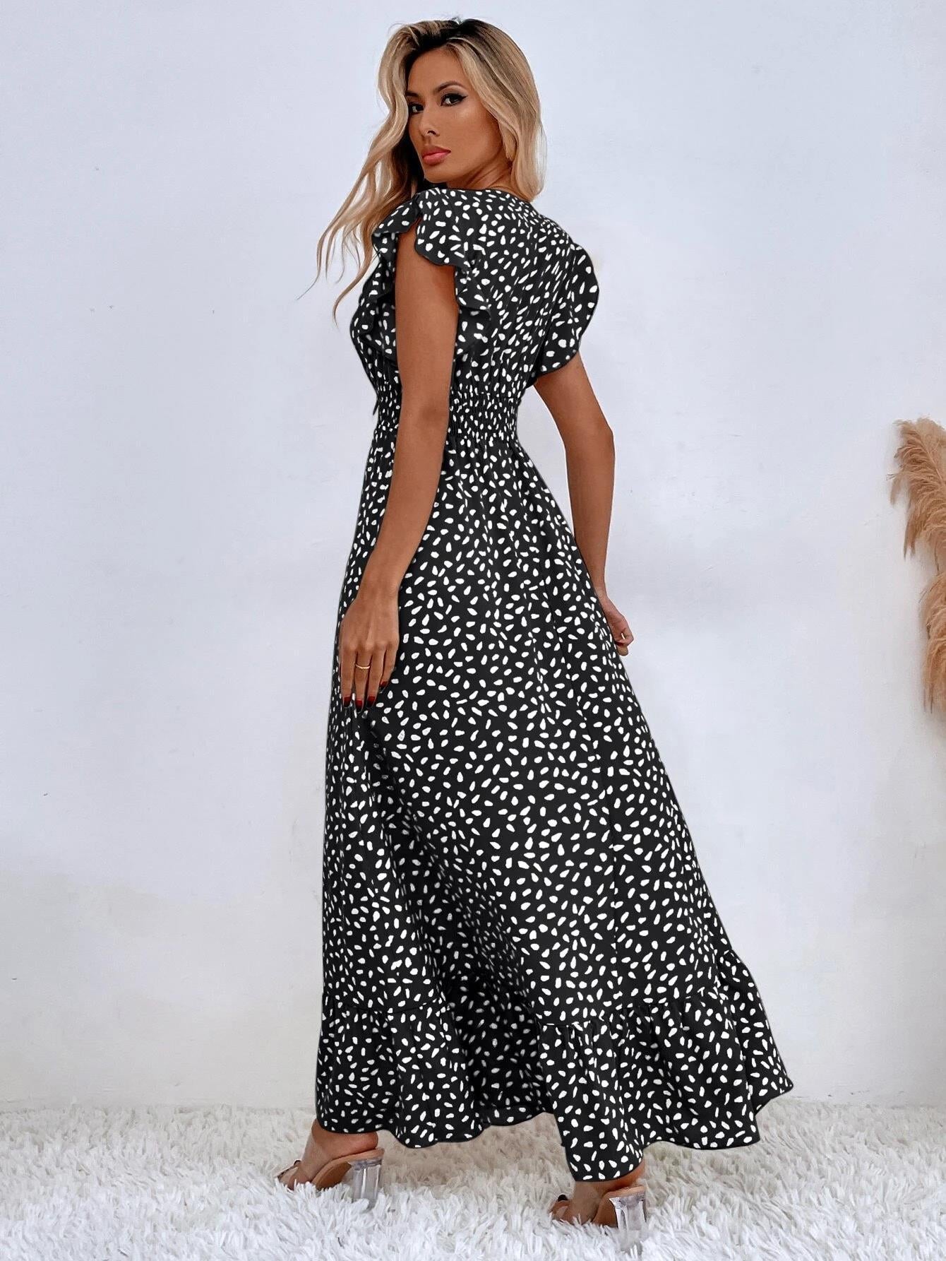 Summer V-Neck Wrap Waist Maxi Dress with Flutter Sleeves-black-S-Free Shipping Leatheretro