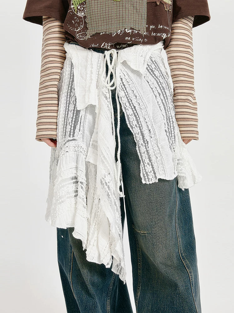 Girlyhalo Vintage White Lace Irregular Hem Wrap Skirt