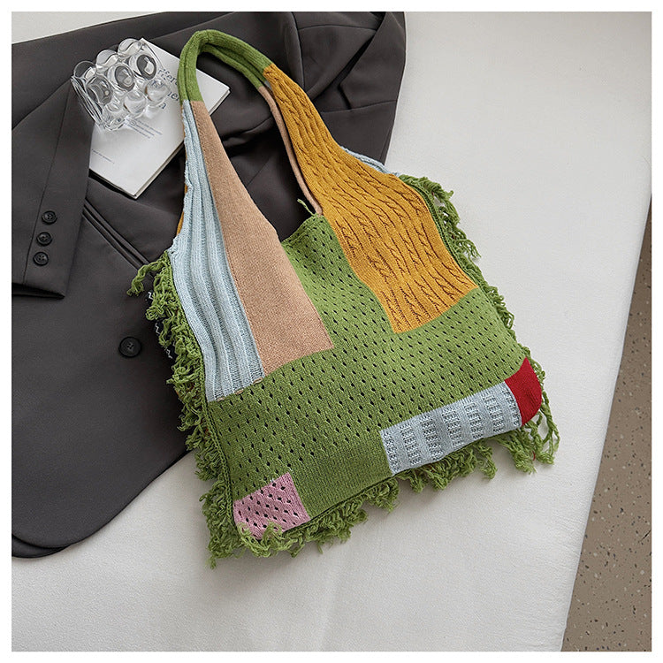 Patchwork Knit Shoulder Bag with Checkered Design
