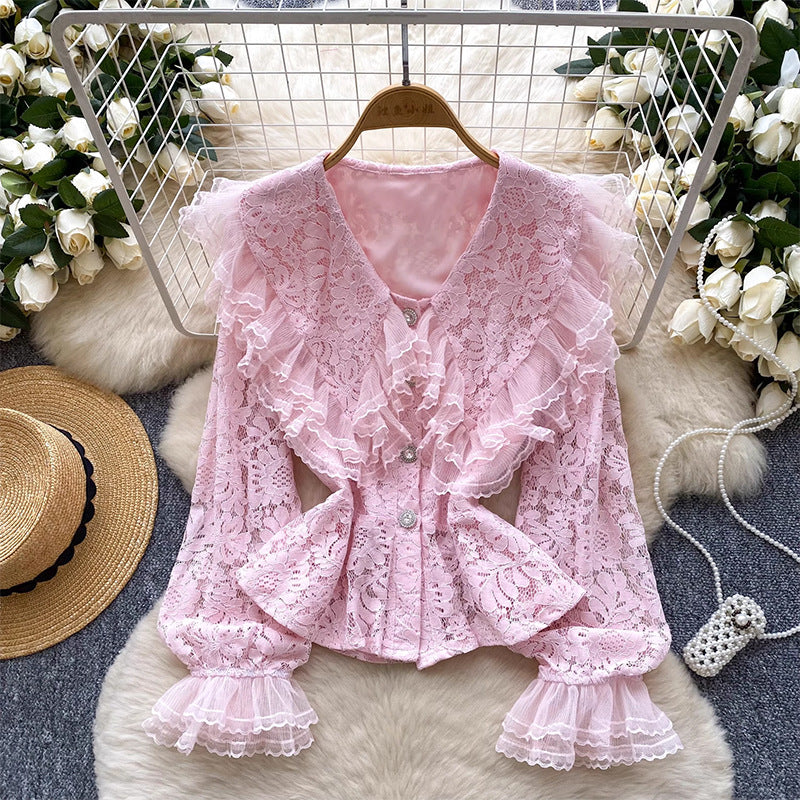 Lace Patchwork Lantern Sleeve Blouse