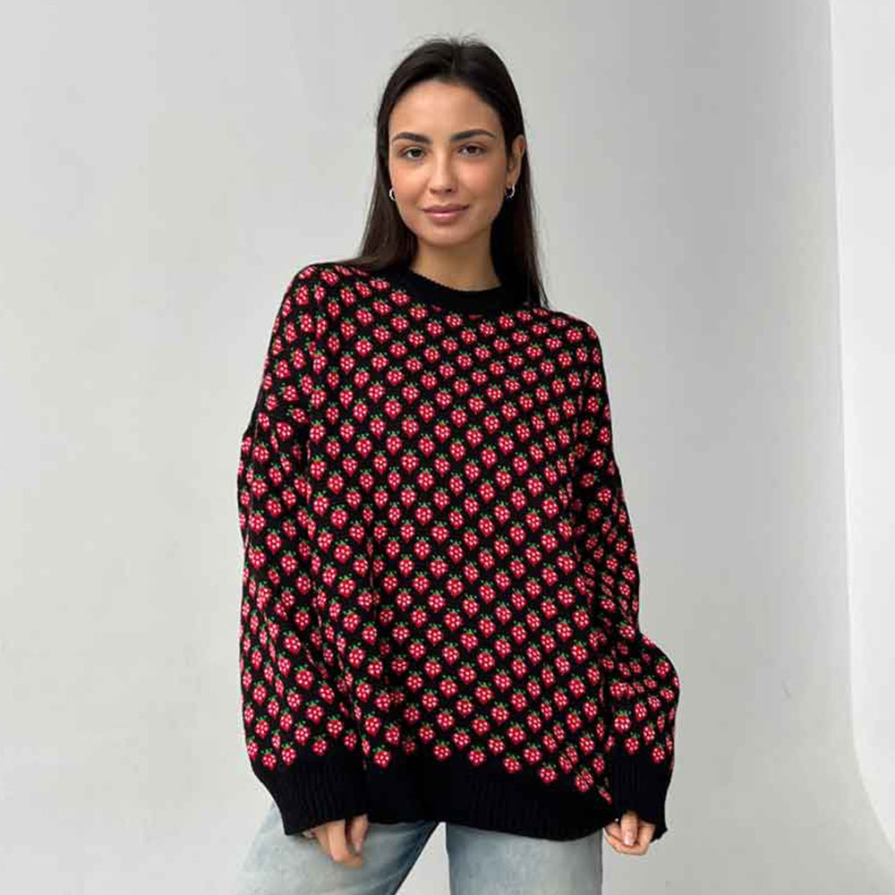Oversized Strawberry Print Sweater
