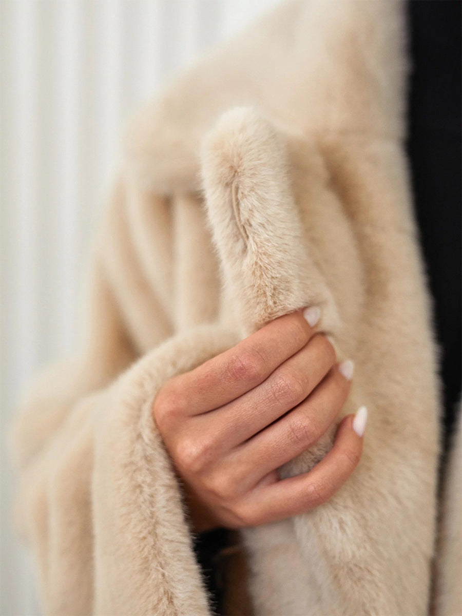 Women's Long Plush Fur Coat with Belted Waist & Notched Lapel