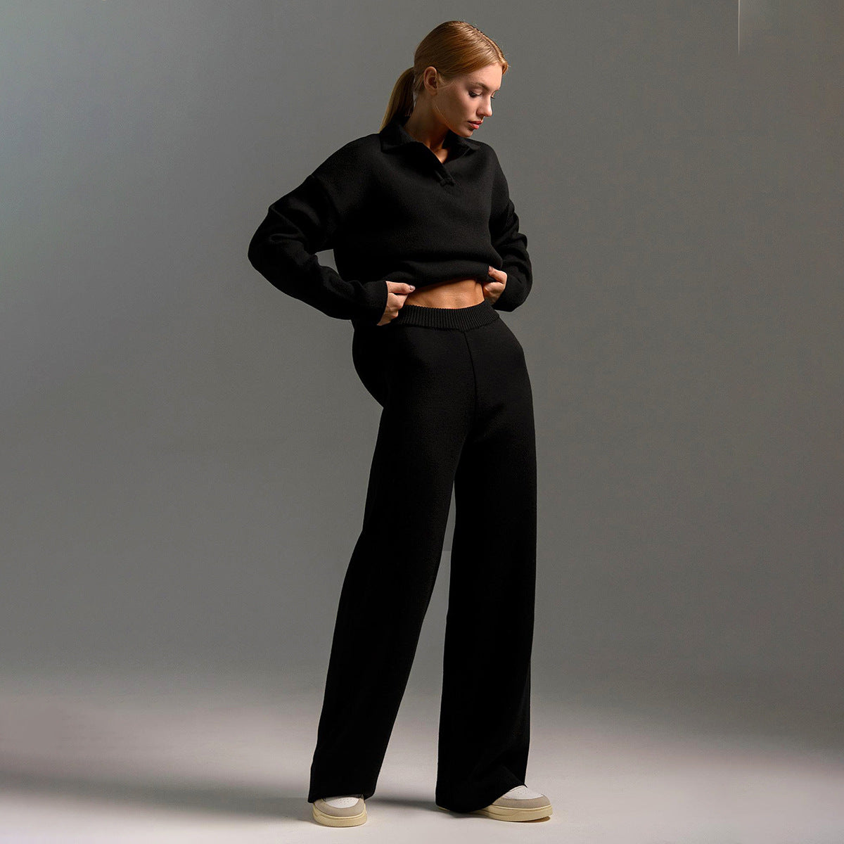 Fashion Winter Polo Neck Knitted Tops & Wide Legs Pants