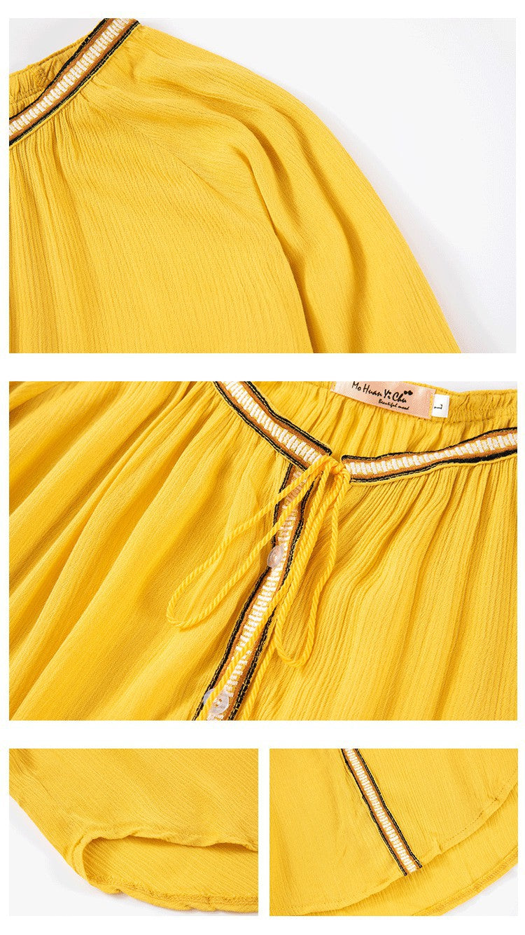 Bohemian Ethnic Embroidered Loose Front Button Dress