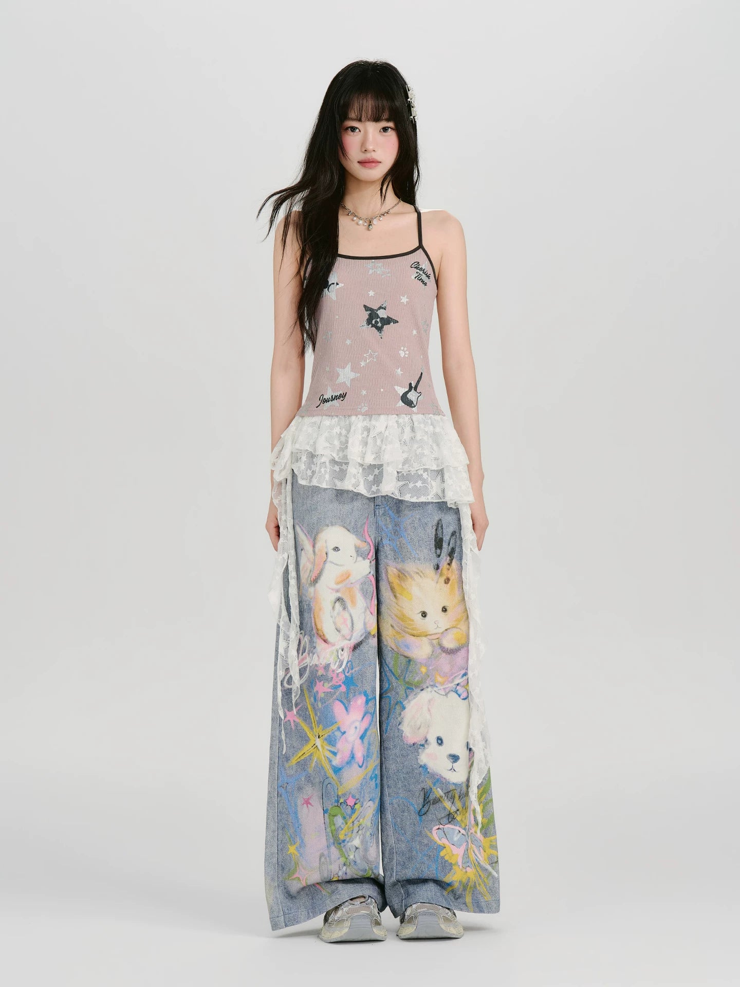 GirlyHao Vintage Tie-Dye Cartoon Print Wide Leg Jeans