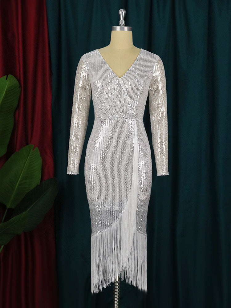 Sexy Elastic Sequin Tassels Plus Sizes Party Dresses-Dresses-Silver-M-Free Shipping at meselling99