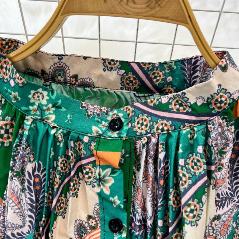 Retro Palace Style Lantern Sleeve Round Neck A-Line Floral Print Button-Down Waist Dress