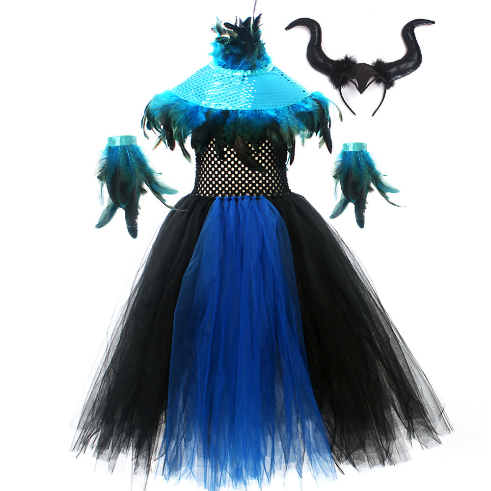 Halloween Glitter Feather Collar Witch Long Dress