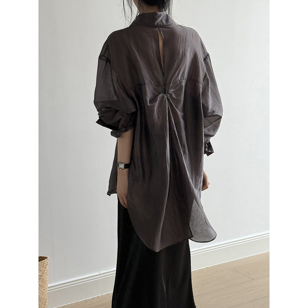 Women's Backless Knotted Shirt – Summer Loose Fit Long Sleeve Sun Protection Blouse-Gray-M-Free Shipping Leatheretro