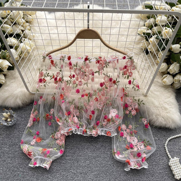 Off-Shoulder Mesh Embroidered See-Through Blouse