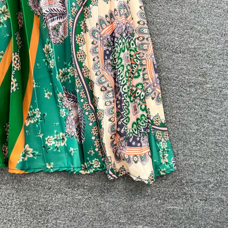 Retro Palace Style Lantern Sleeve Round Neck A-Line Floral Print Button-Down Waist Dress