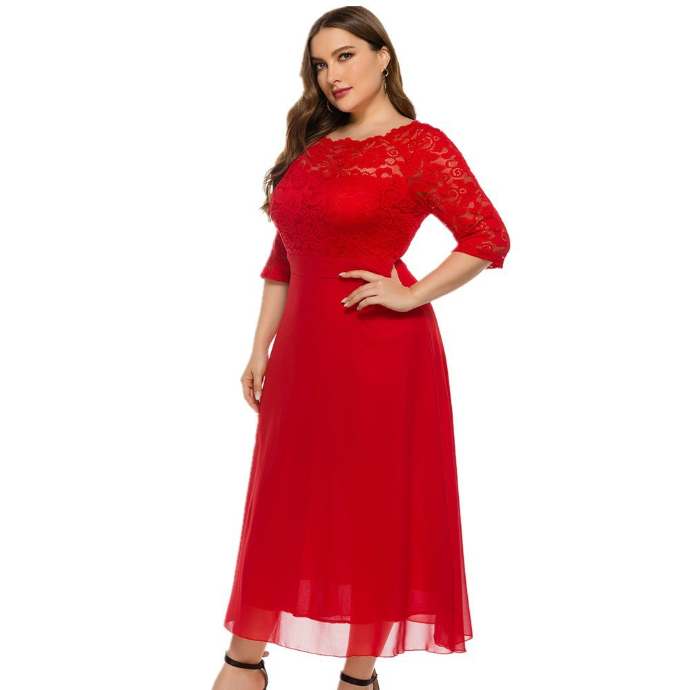 Red 3/4 Length Sleeves Lace Red Plus Size Dresses-Plus Size Dresses-Free Shipping at meselling99