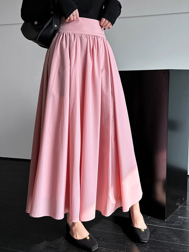 Elegant Pink Midi Skirt – Flowy A-Line Pleated Skirt with High Waist