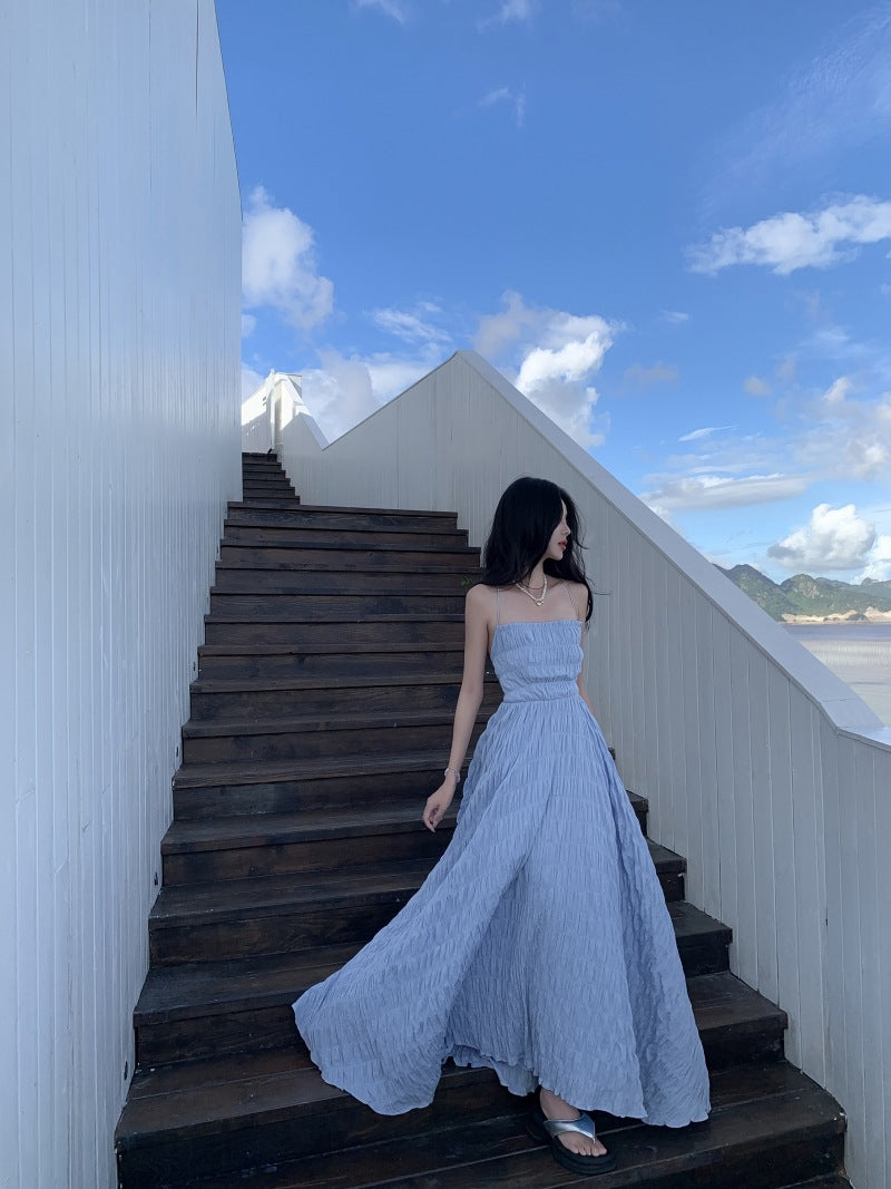Summer Waves Blue Backless Maxi Dress