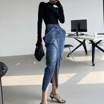 High-Waisted Long A-Line Denim Skirt