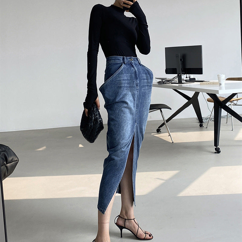 High-Waisted Long A-Line Denim Skirt