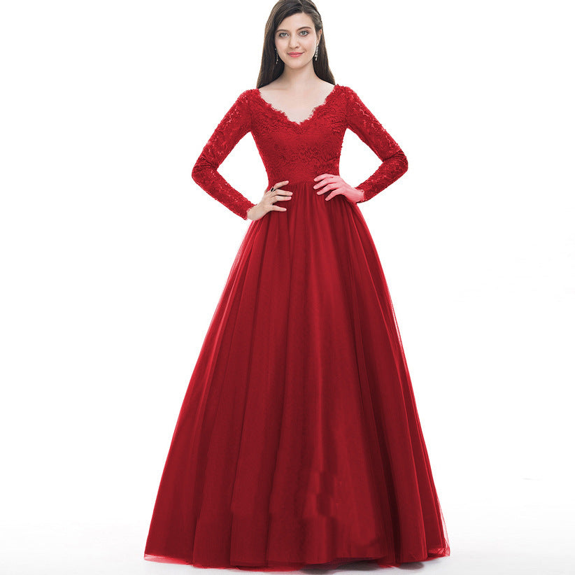 Elegant Long Sleeves Red Lace Evening Dresses-Dresses-Free Shipping at meselling99