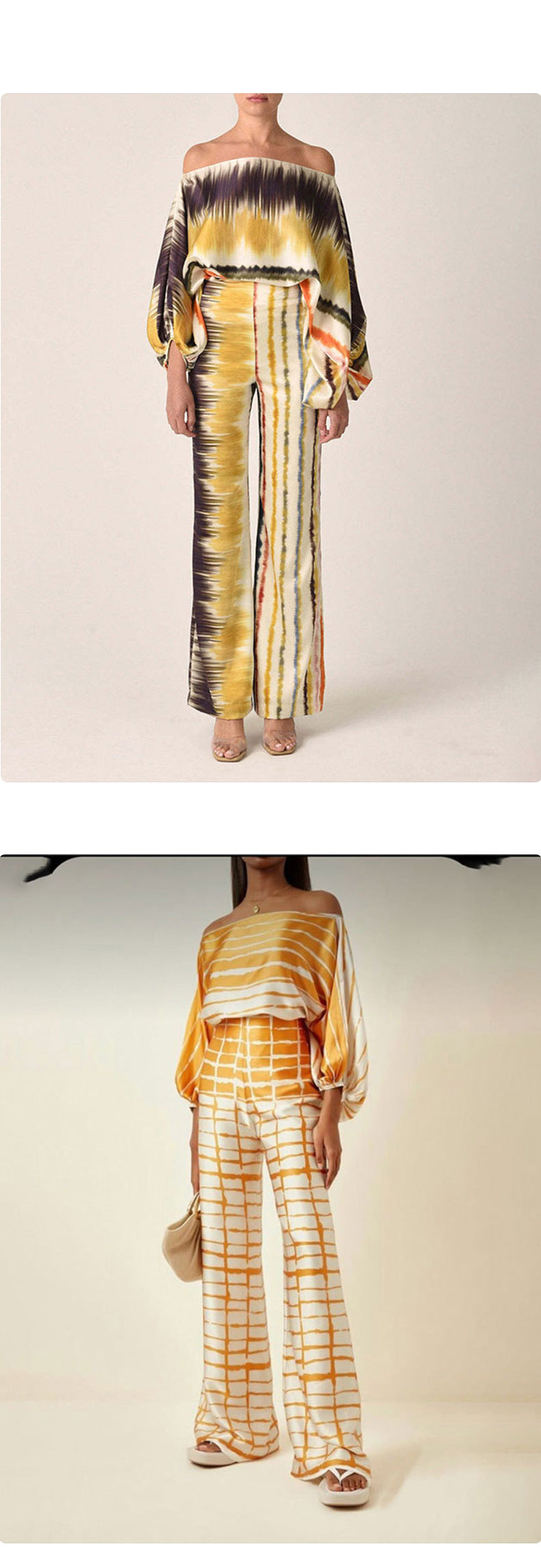 Women's Printed Round Neck Batwing Sleeve Top & Wide-Leg Pants Set