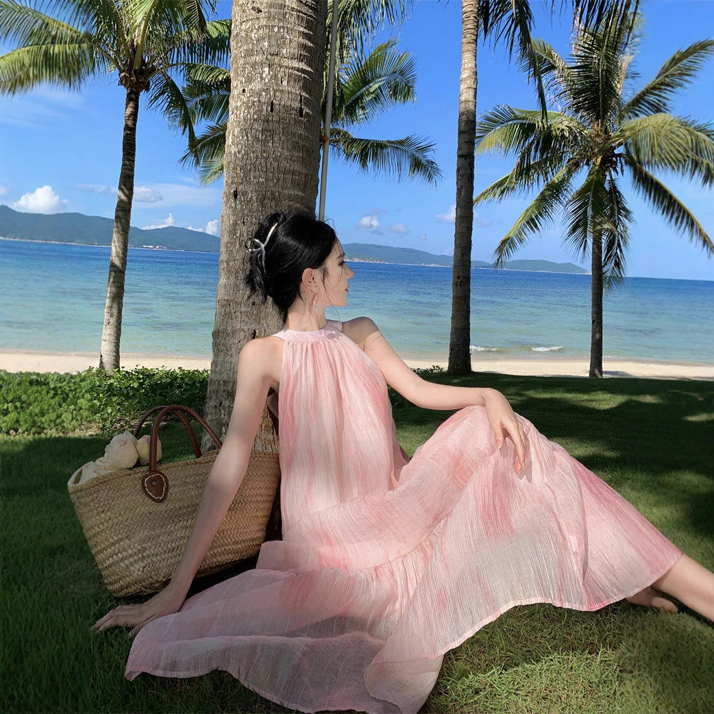 Sweet & Stylish Tie-Front Halter Sundress – Oversized Pink Tie-Dye Maxi Dress-Pink-S-Free Shipping Leatheretro