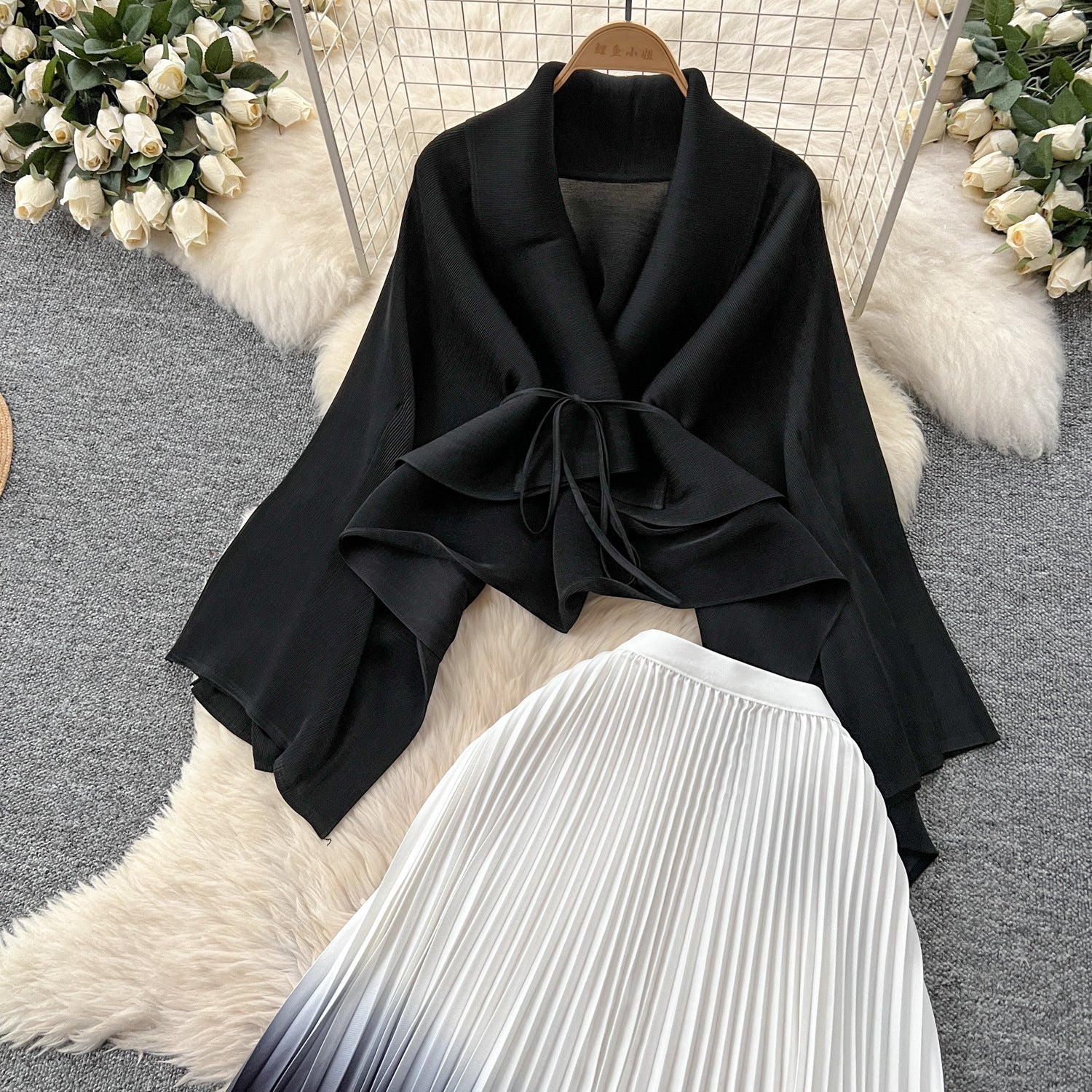 Women's Gradient Color Set - Loose Tie-Waist Pleated Top + High-Waisted Pleated Skirt