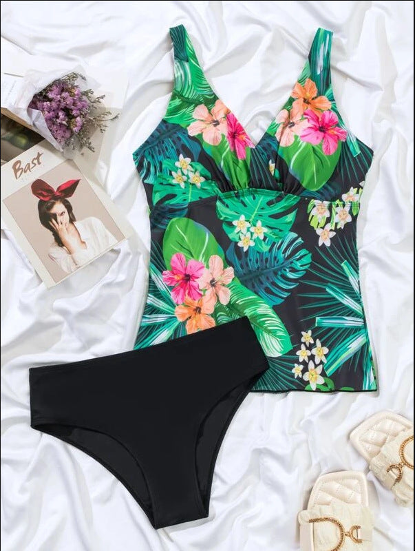 Women's Tankini Swimsuit Two-Piece with Leaf Print Straps