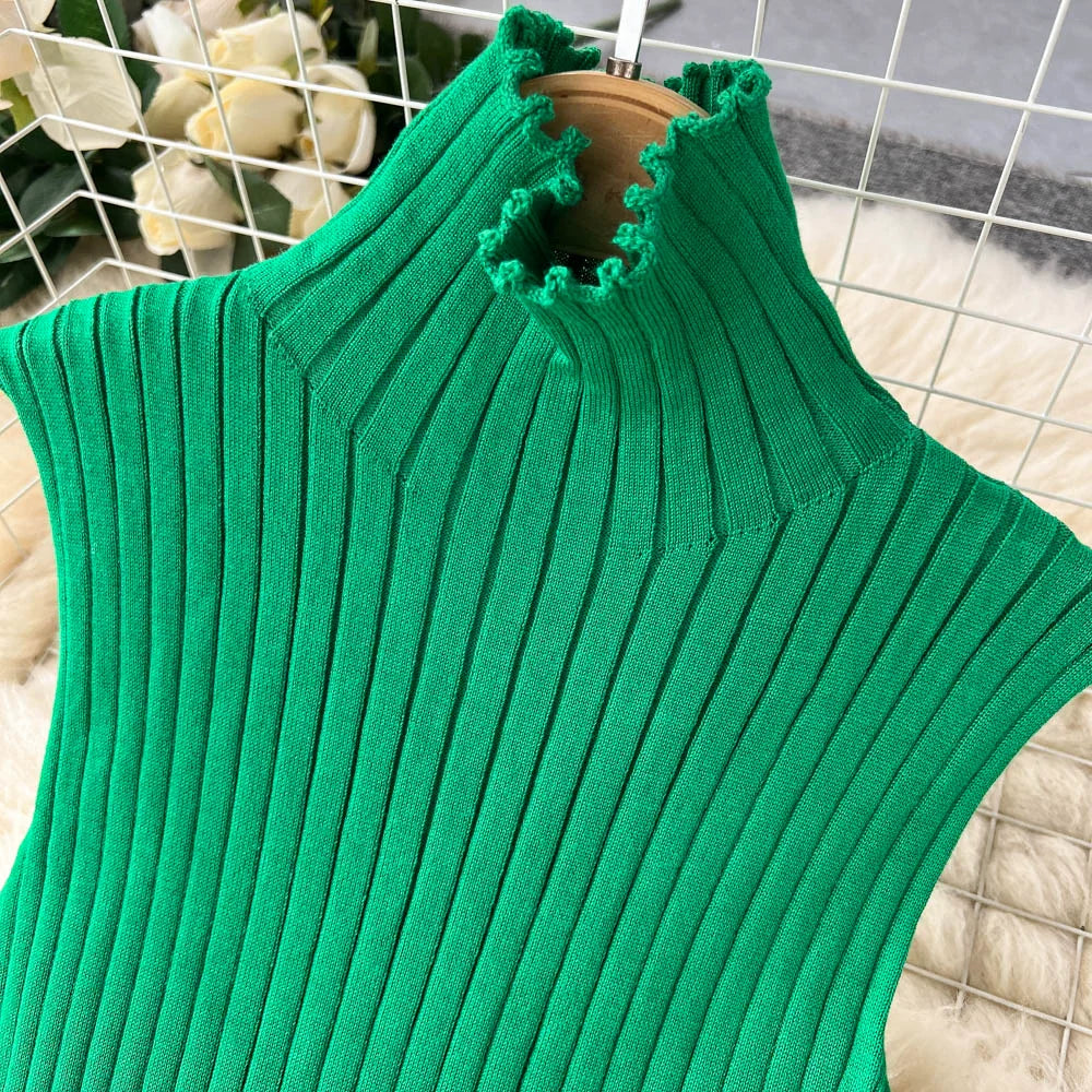 Fashion Fall Knitted 3pcs Cardigan High Neck Sweater Wide Legs Pants