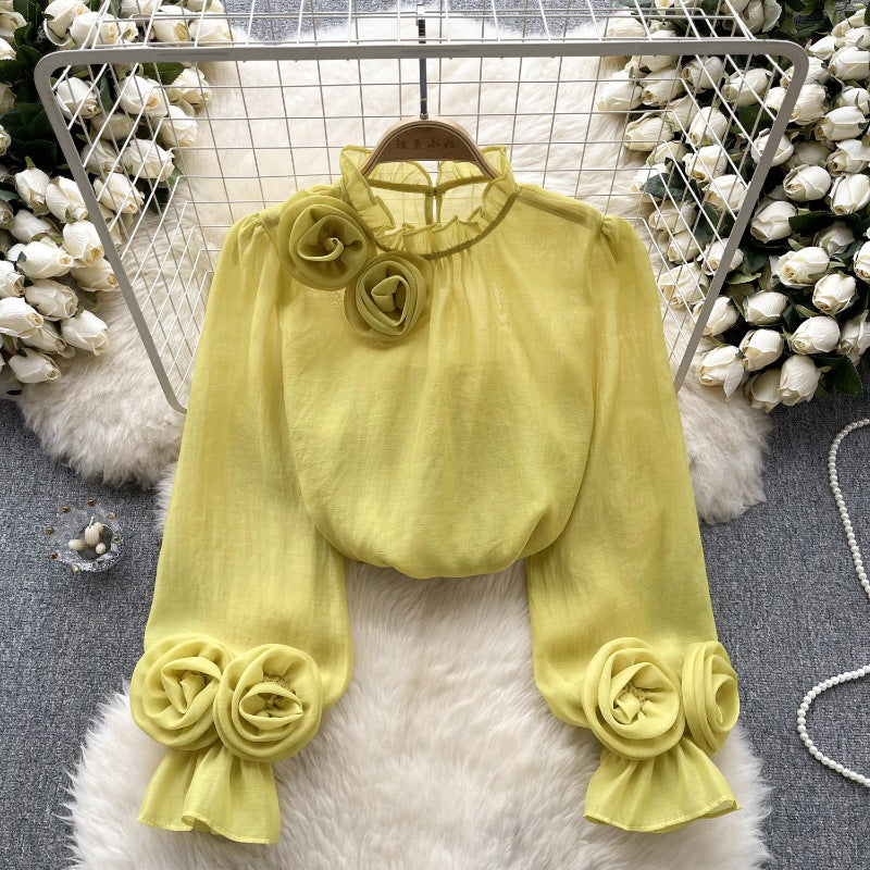 Designed 3D Flowers Chiffon Long Sleeves Shirts