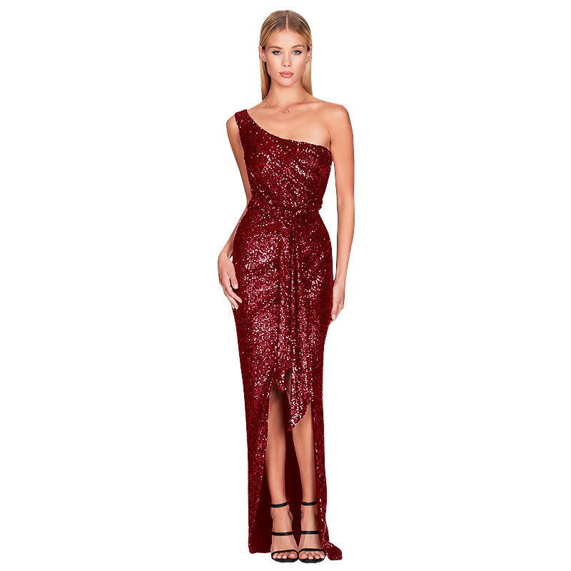 Sexy Sequined One Shoulder Party Dresses-Dresses-Wine Red-S-Free Shipping at meselling99