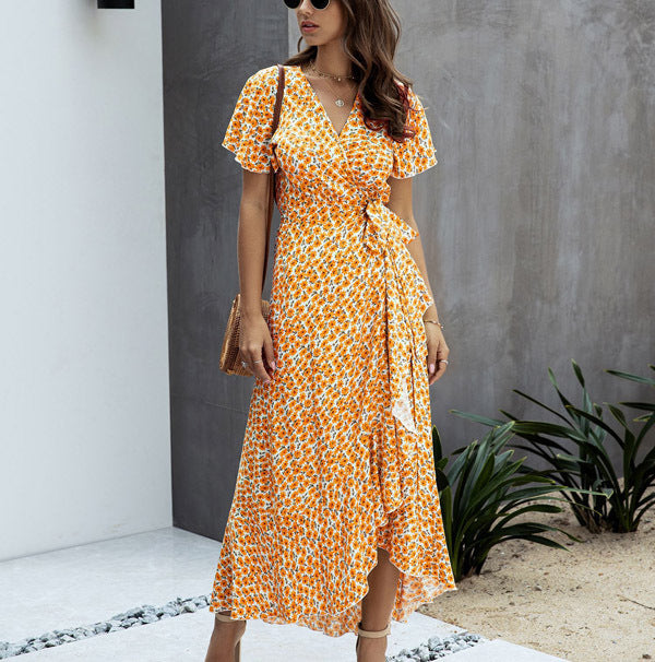 Summer Casual Dot Print Ruffled Short Sleeves Long Dresses