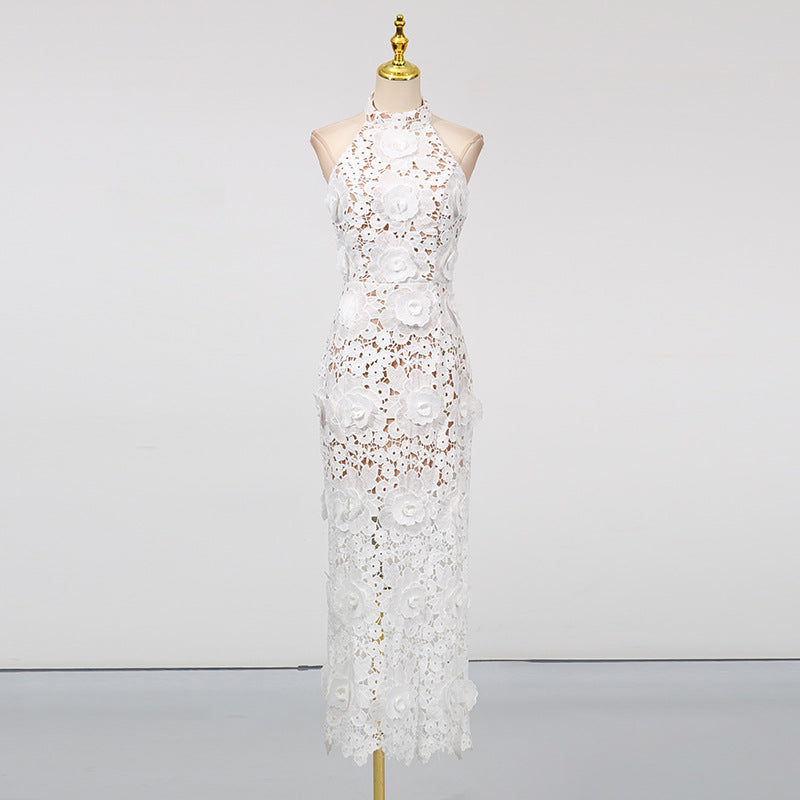 Retro Embroidery Backless Lace Panel Halter Maxi Dress