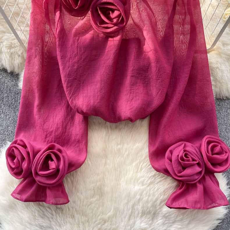Designed 3D Flowers Chiffon Long Sleeves Shirts
