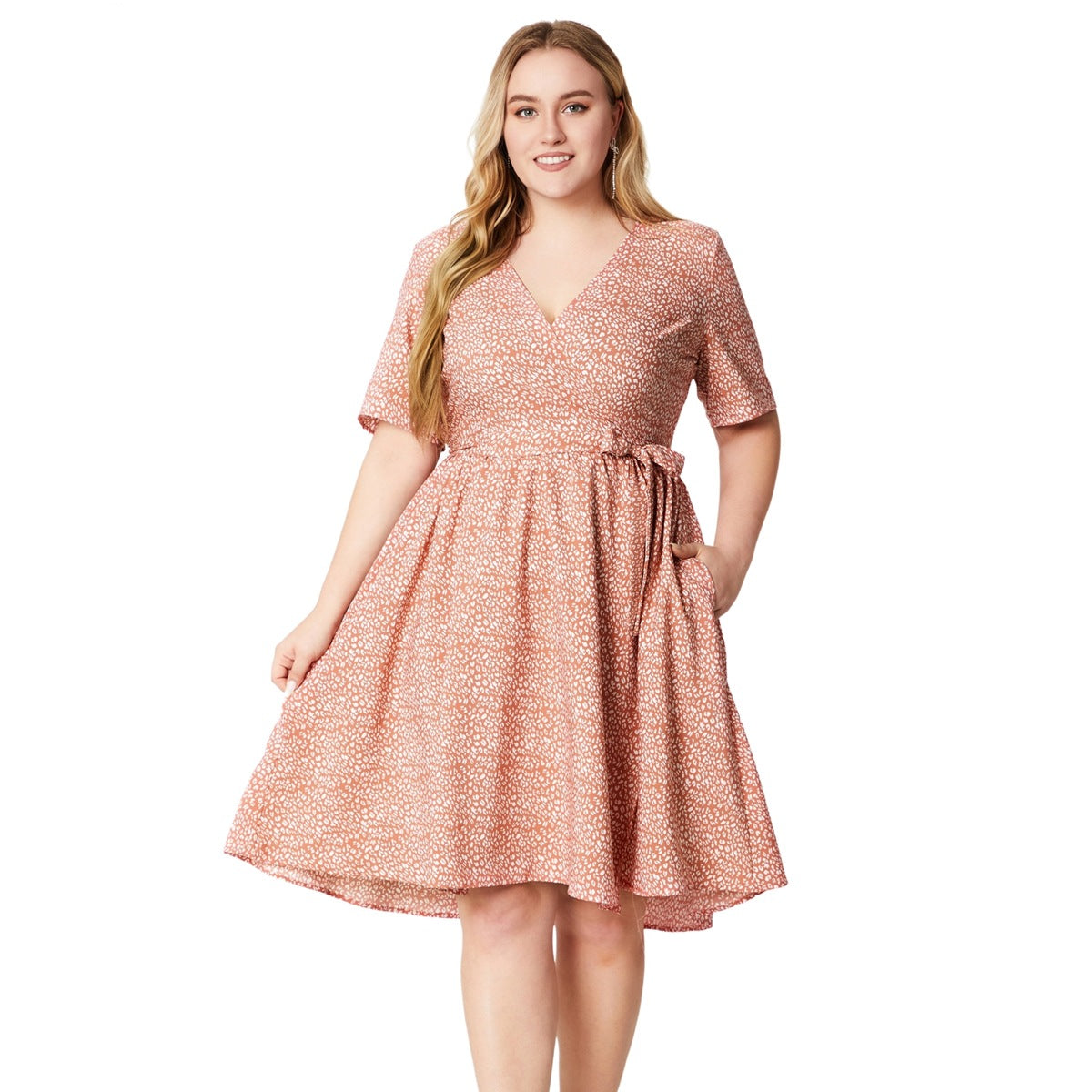 Plus Size V-Neck Short Sleeve Printed Casual Dress