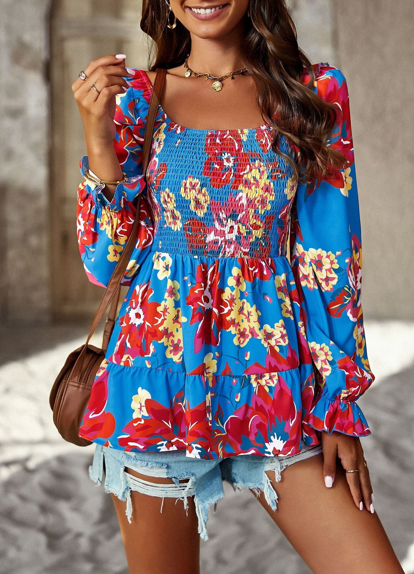 Casual Floral Print Long Sleeves Blouses