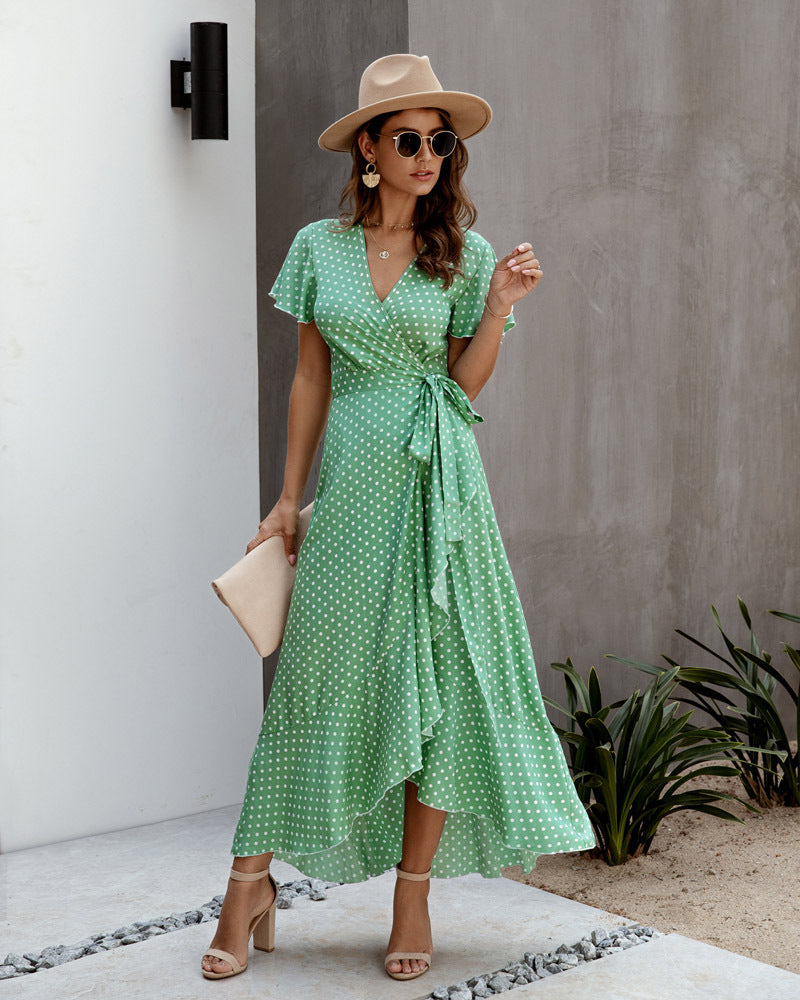 Summer Casual Dot Print Ruffled Short Sleeves Long Dresses