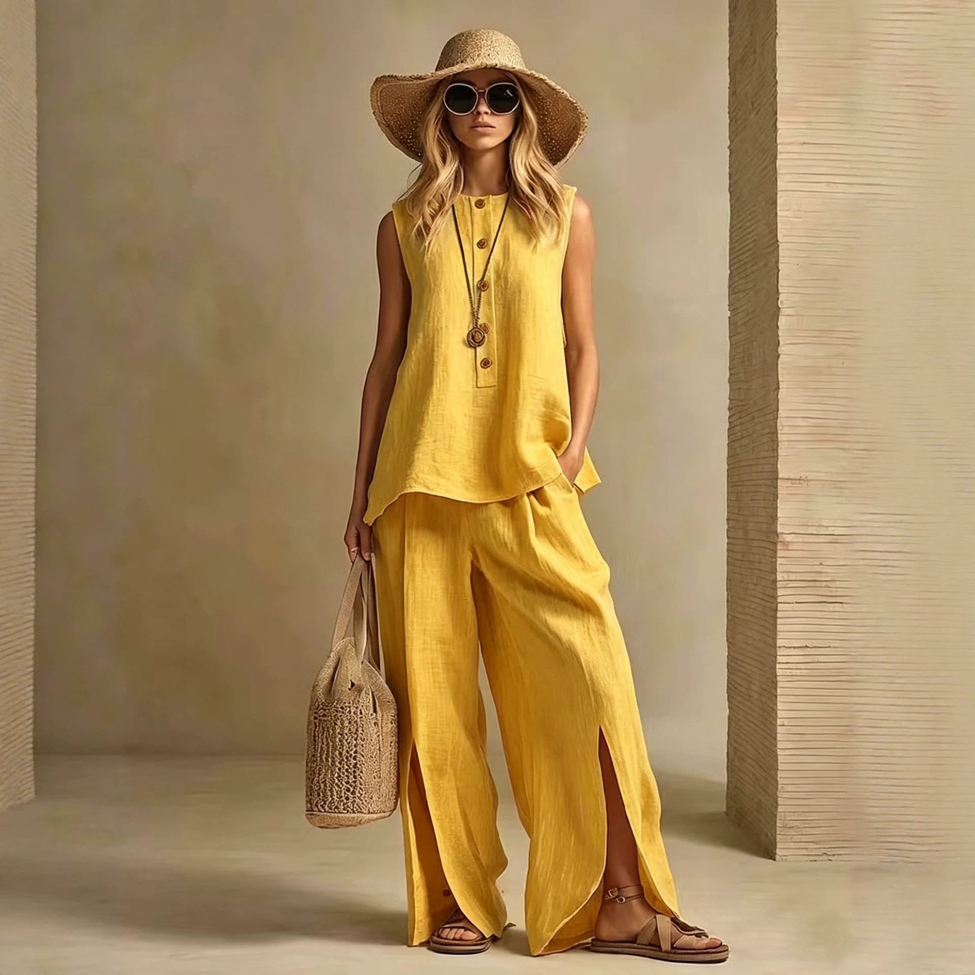 Women's Cotton Linen Sleeveless Two-Piece Set