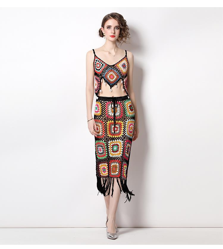 Bohemia Crochet Knitted Women Tank Tops and Skirts Suits