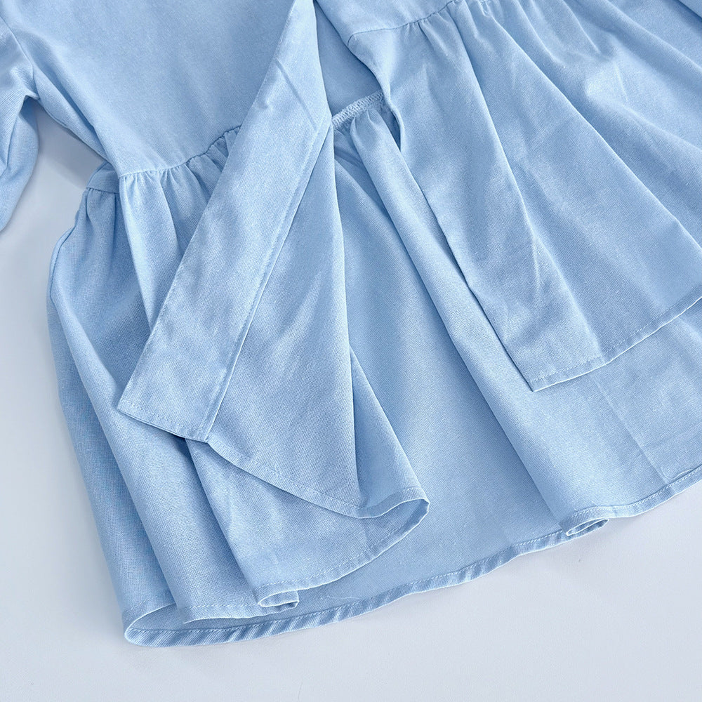 Sweet Solid Color Cotton Set - V-Neck Top & Bubble Sleeve Shorts 2-Piece Outfit