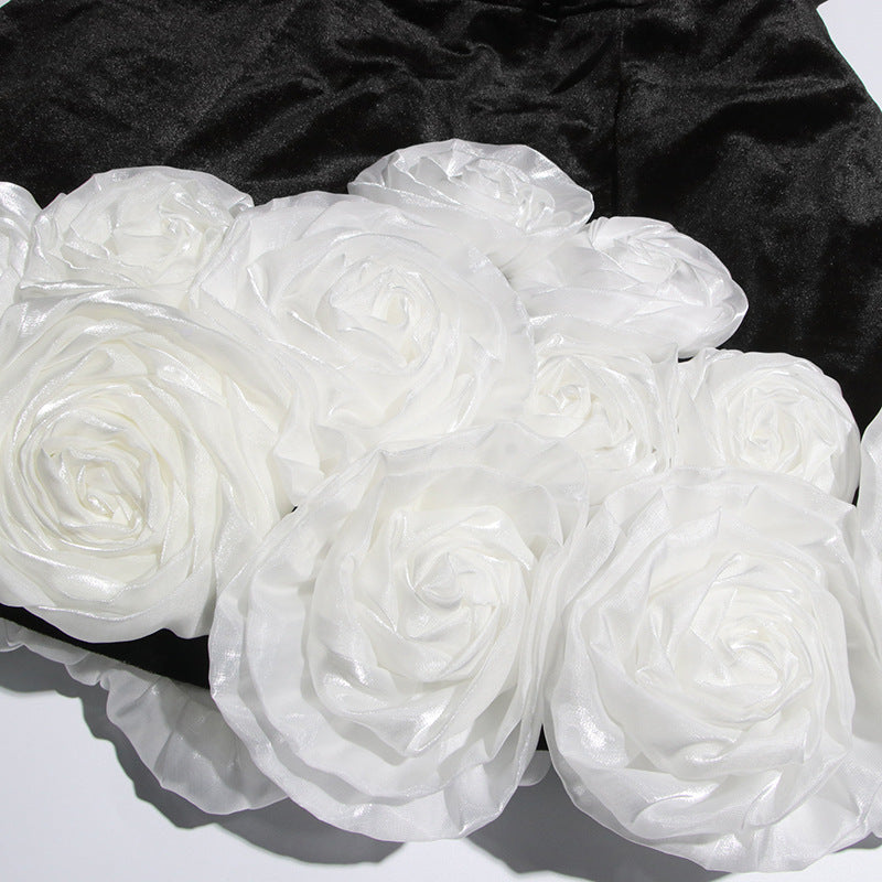 Designed Sexy Velvet Bustier Ball Gown Mini Dress with 3D White Roses