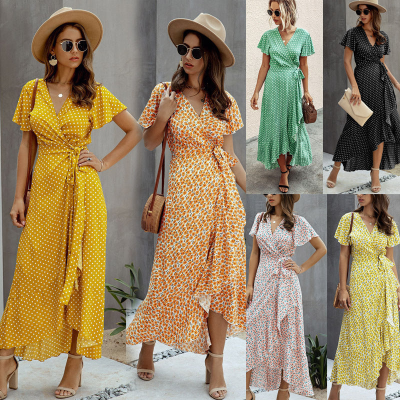 Summer Casual Dot Print Ruffled Short Sleeves Long Dresses